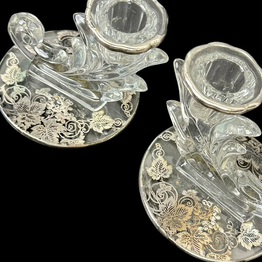 Fostoria Clear Glass Candlestick Set Sterling Silver Overlay Baroque Grapes Ivy